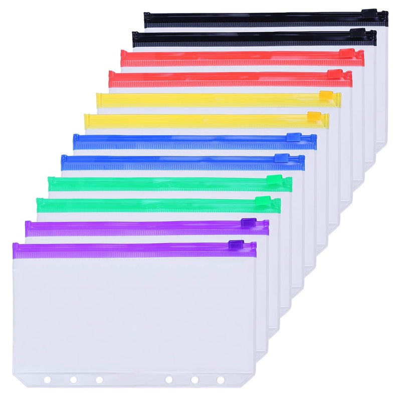 Antner 12PCS A6 Binder Pockets 6-Hole Budget Cash Envelopes Multicolor Zipper Money Organizer for Cash Stuffing, Waterproof PVC A6 Planner Inserts Binder Pouches Loose Leaf Document Storage Bags - Image 1